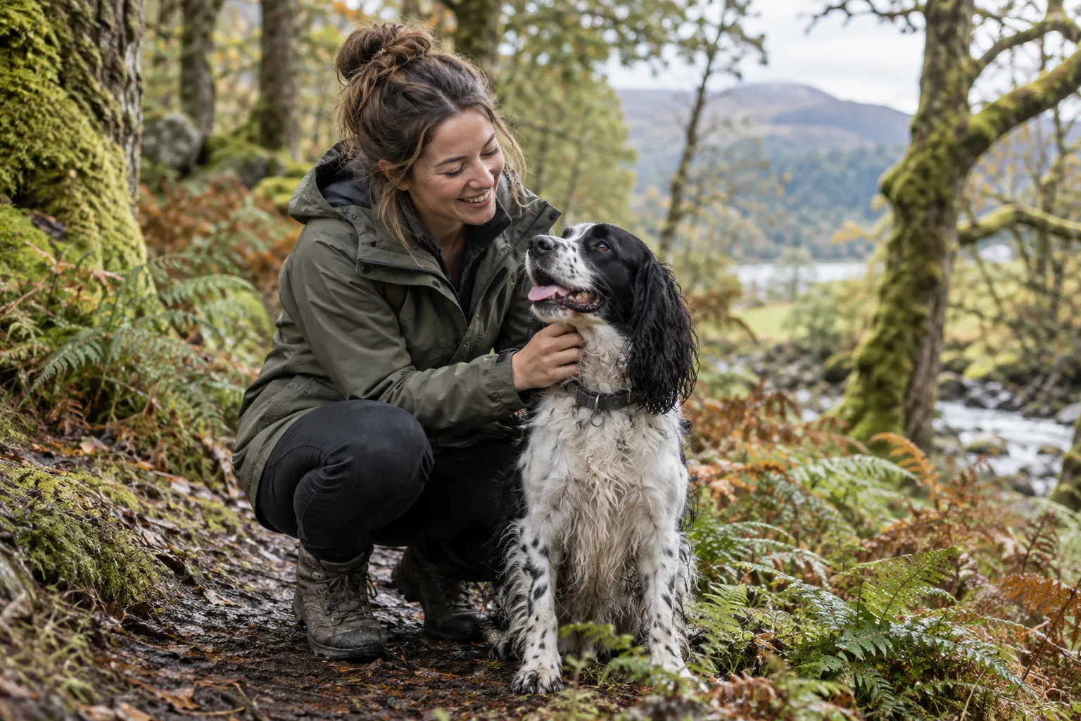 A dog walker crouching beside a spaniel on a woodland trail