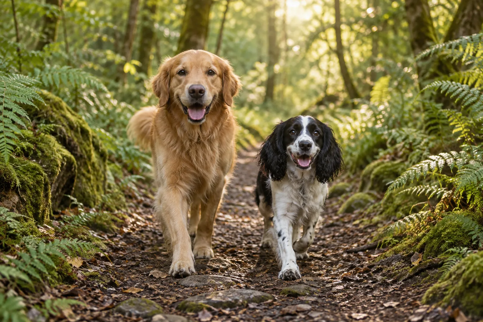 A golden retriever and spaniel enjoying a sunlit woodland trail